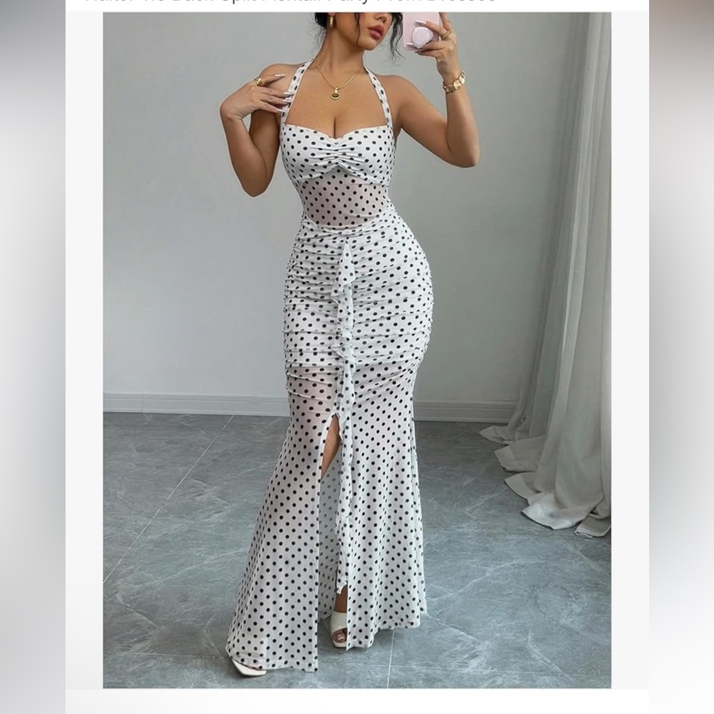 White Polka Dot Mesh Halter Maxi Dress